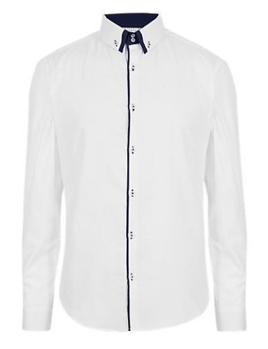 Ex M&S mens luxury pure cotton contrast trim tailored fit long sleeve Shirt - Image 2