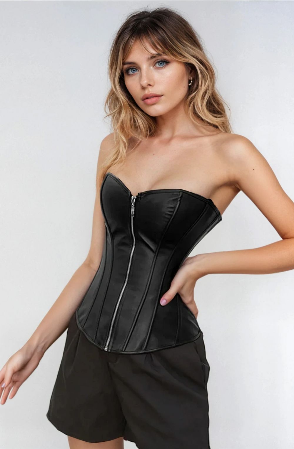 Leather look zip up Corset with adjustable lace up back - Image 4