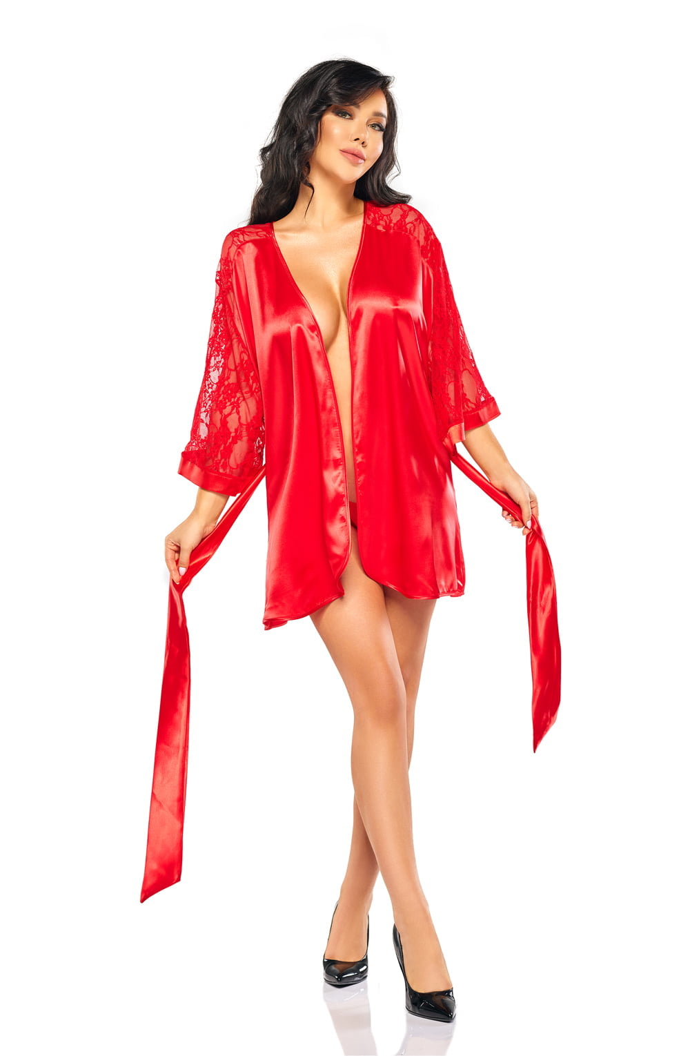 Womens sexy short red dressing gown with matching thong - Image 5