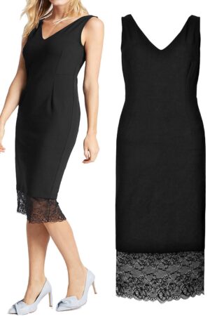 M&S Black lace v neck lined bodycon midi dress