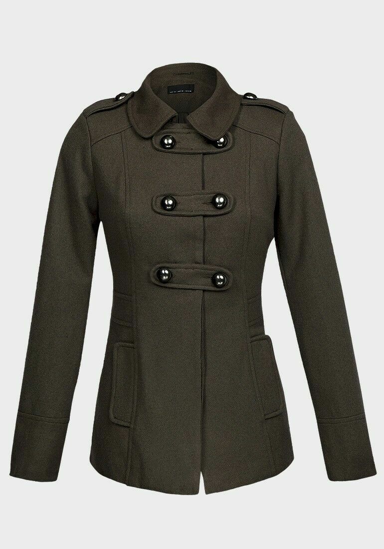 Women's Military Style Wool Blend Double Breasted Coat Jacket
