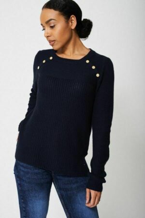 OPSHOP Ladies Shoulder Button Detail Cable Knit Jumper