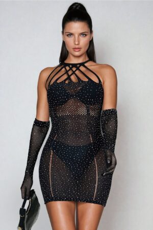 Sparkle Rhinestone Fishnet Dress | Halter Neck | Glam Night Out