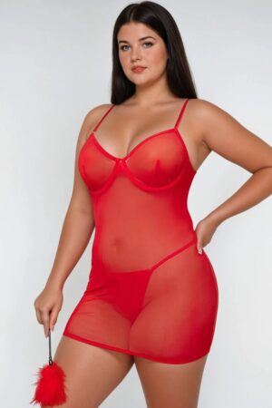 Plus Size Red Mesh Lingerie | Strappy Design | Lace-Up Back