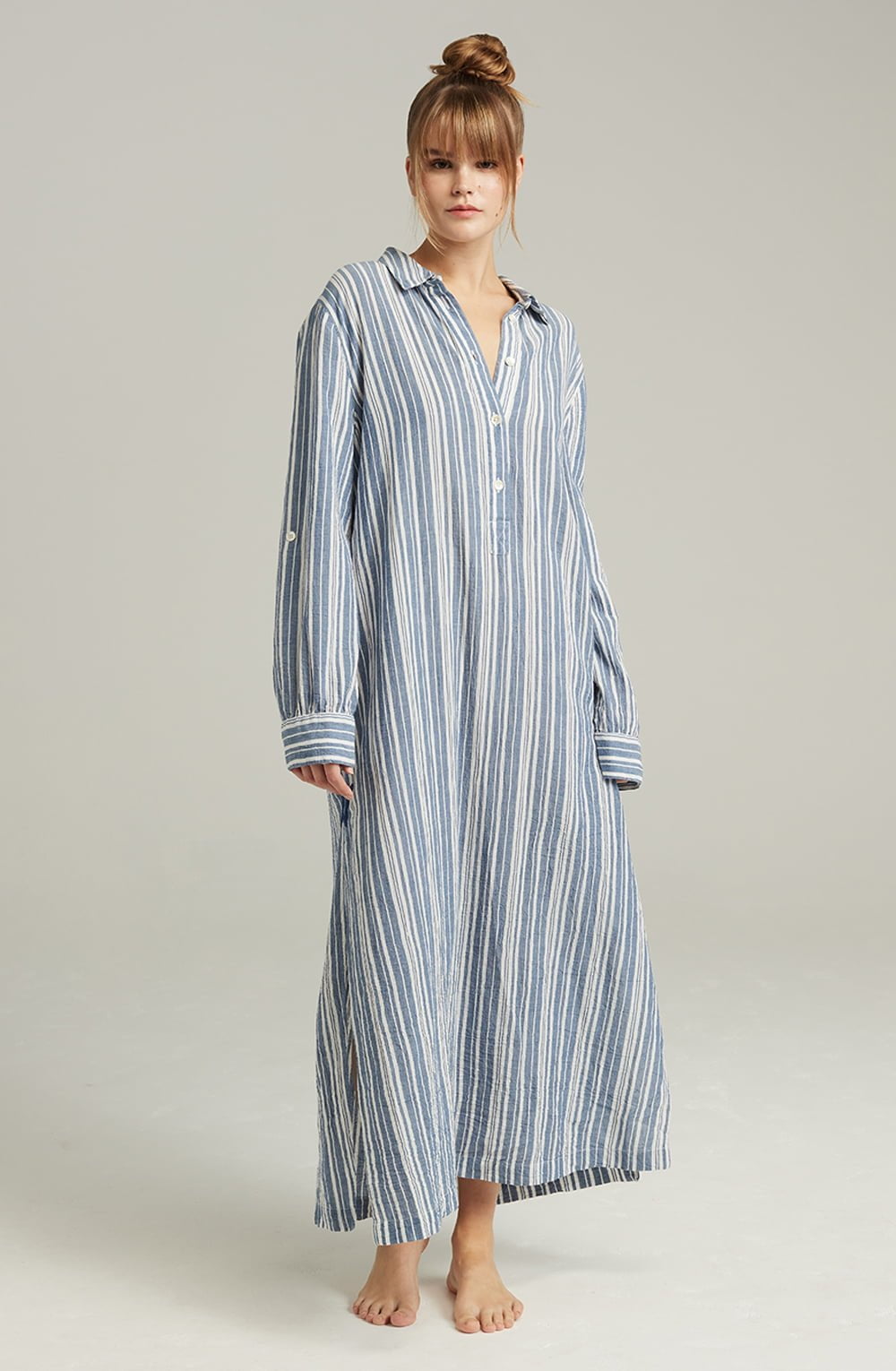 Organic Cotton Maxi Shirt | Side Slit Sleepwear with Mother-of-Pearl Buttons - Image 6