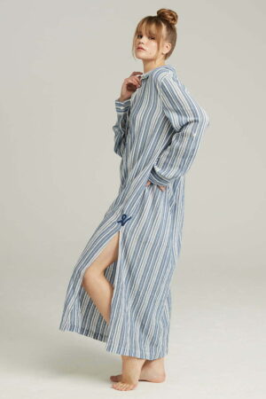 Organic Cotton Maxi Shirt | Side Slit Sleepwear with Mother-of-Pearl Buttons
