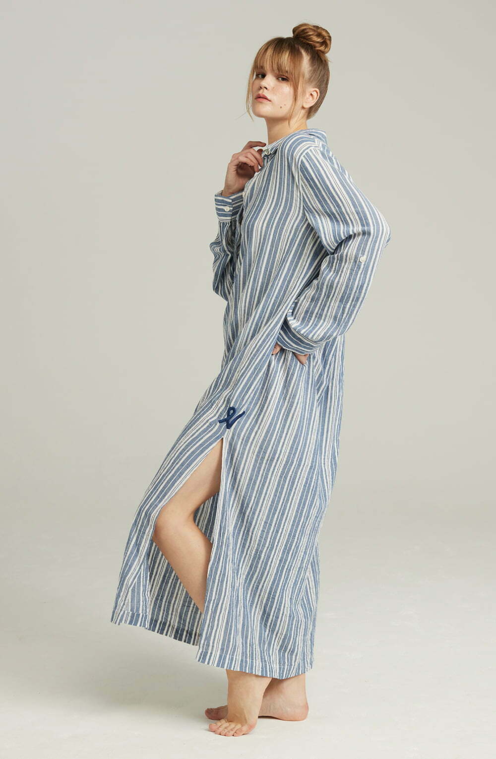 Organic Cotton Maxi Shirt | Side Slit Sleepwear with Mother-of-Pearl Buttons
