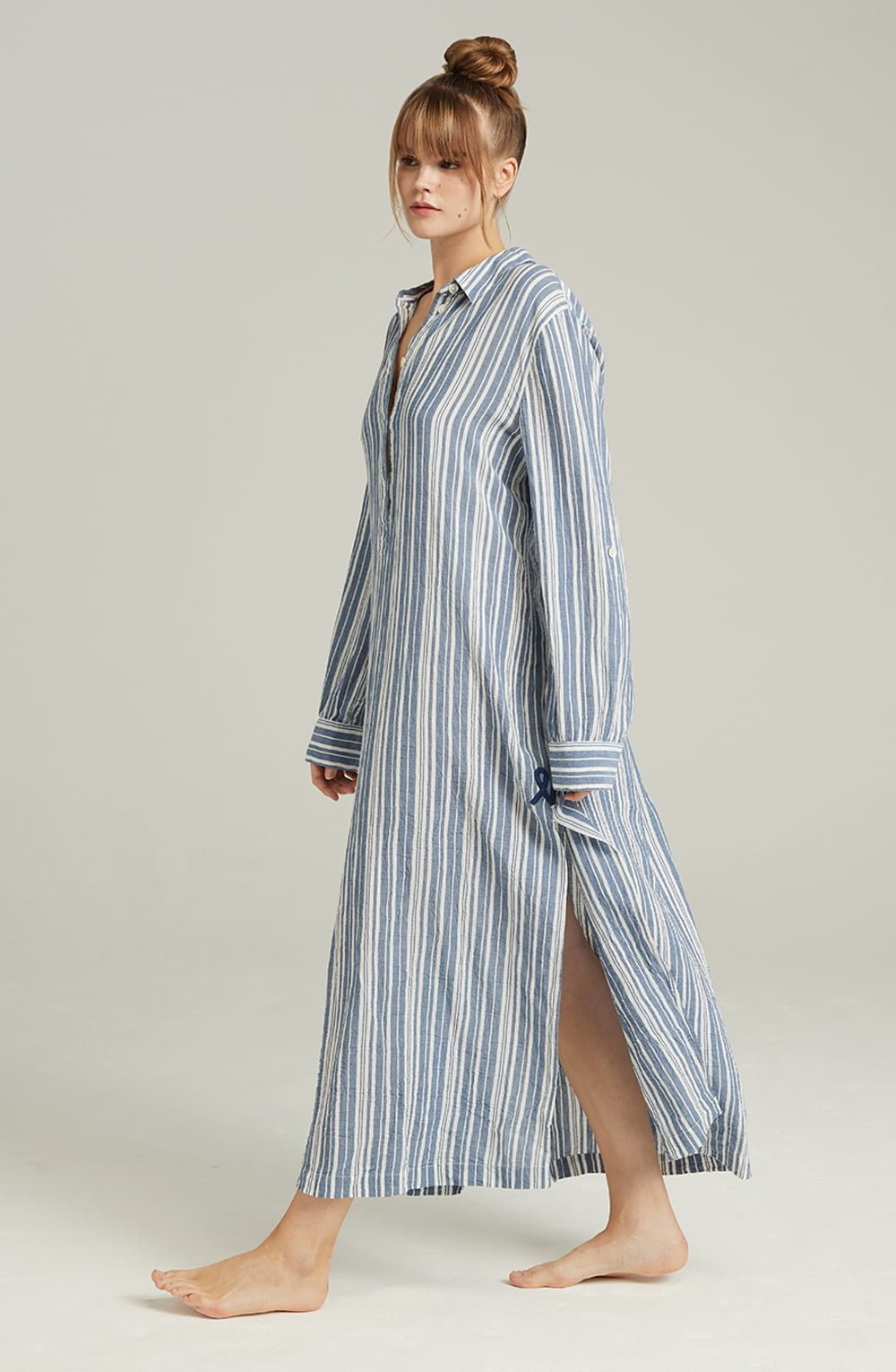Organic Cotton Maxi Shirt | Side Slit Sleepwear with Mother-of-Pearl Buttons - Image 3